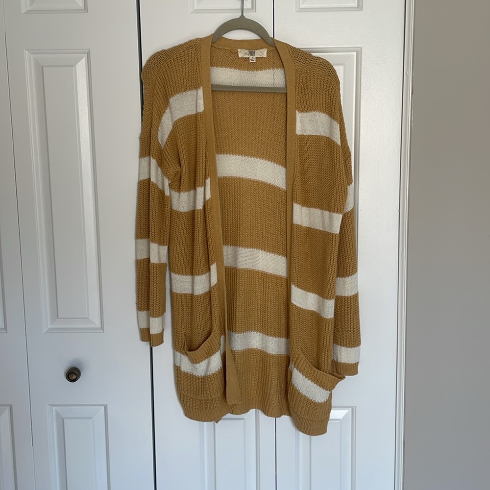 Yellow and white striped cardigan. Size large.